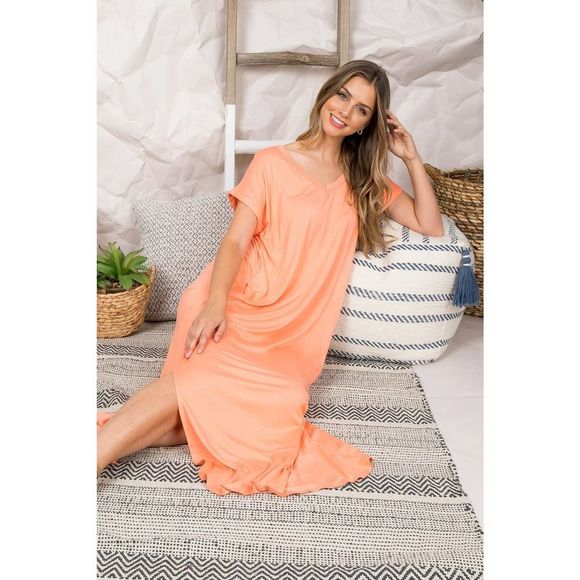 Peach V-Neck Side Slit Maxi Dress - Picture 2 of 8